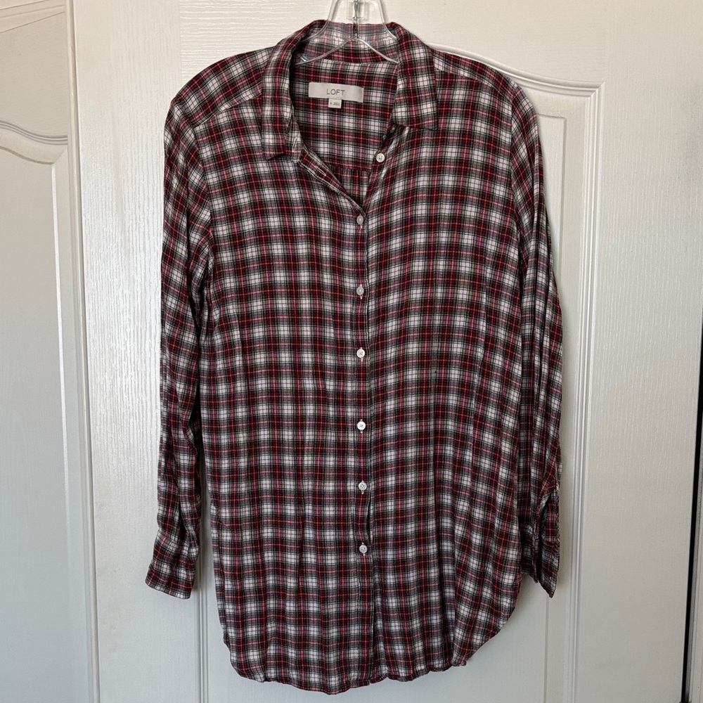 LOFT Burgundy and White Checkered Button-Down Shirt